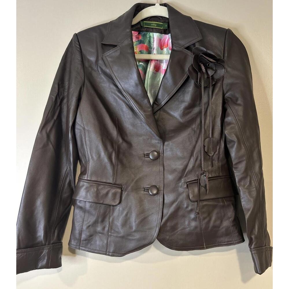 Vintage Oilily Brown Leather Jacket With Beautiful Lining And Flower Detail